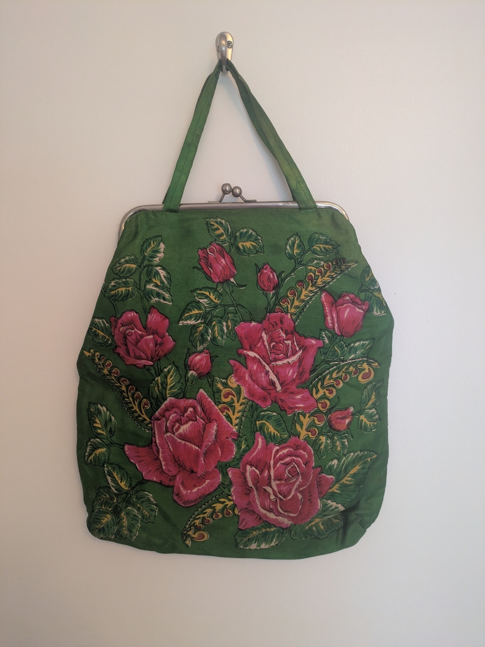 Vintage Green Floral Handbag with Pink Rose Print Fully Lined Women's Purses
